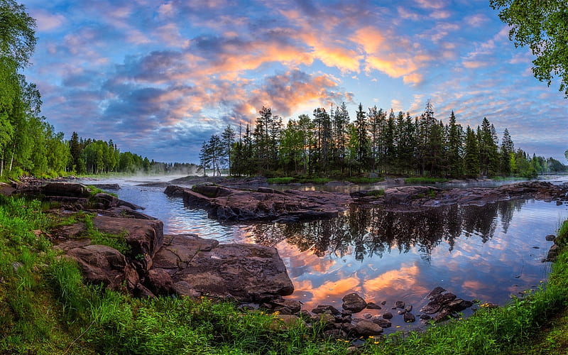 Finland, morning, dawn, forest, river, Kiyminki, Europe, HD wallpaper