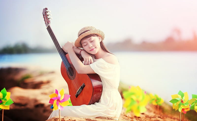 Woman playing the guitar, playing, guitar, girl, music, woman, HD wallpaper