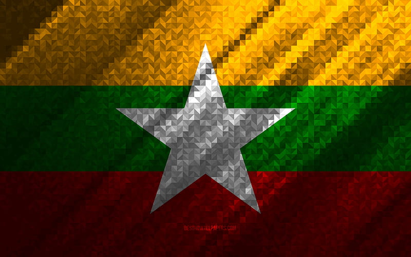 Flag of Myanmar, multicolored abstraction, Myanmar mosaic flag, Myanmar, mosaic art, Myanmar flag, HD wallpaper