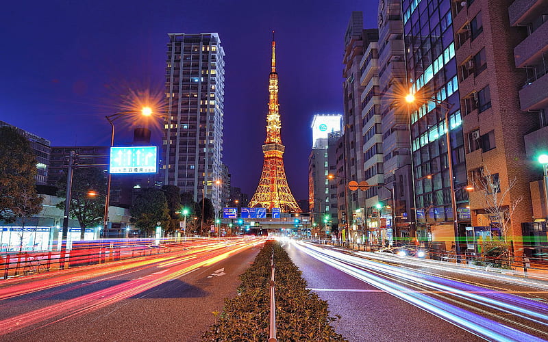 Tokyo Tower, traffic lights, nightscapes, TV tower, Nippon Television City, cityscapes, Tokyo, japan, Asia, HD wallpaper