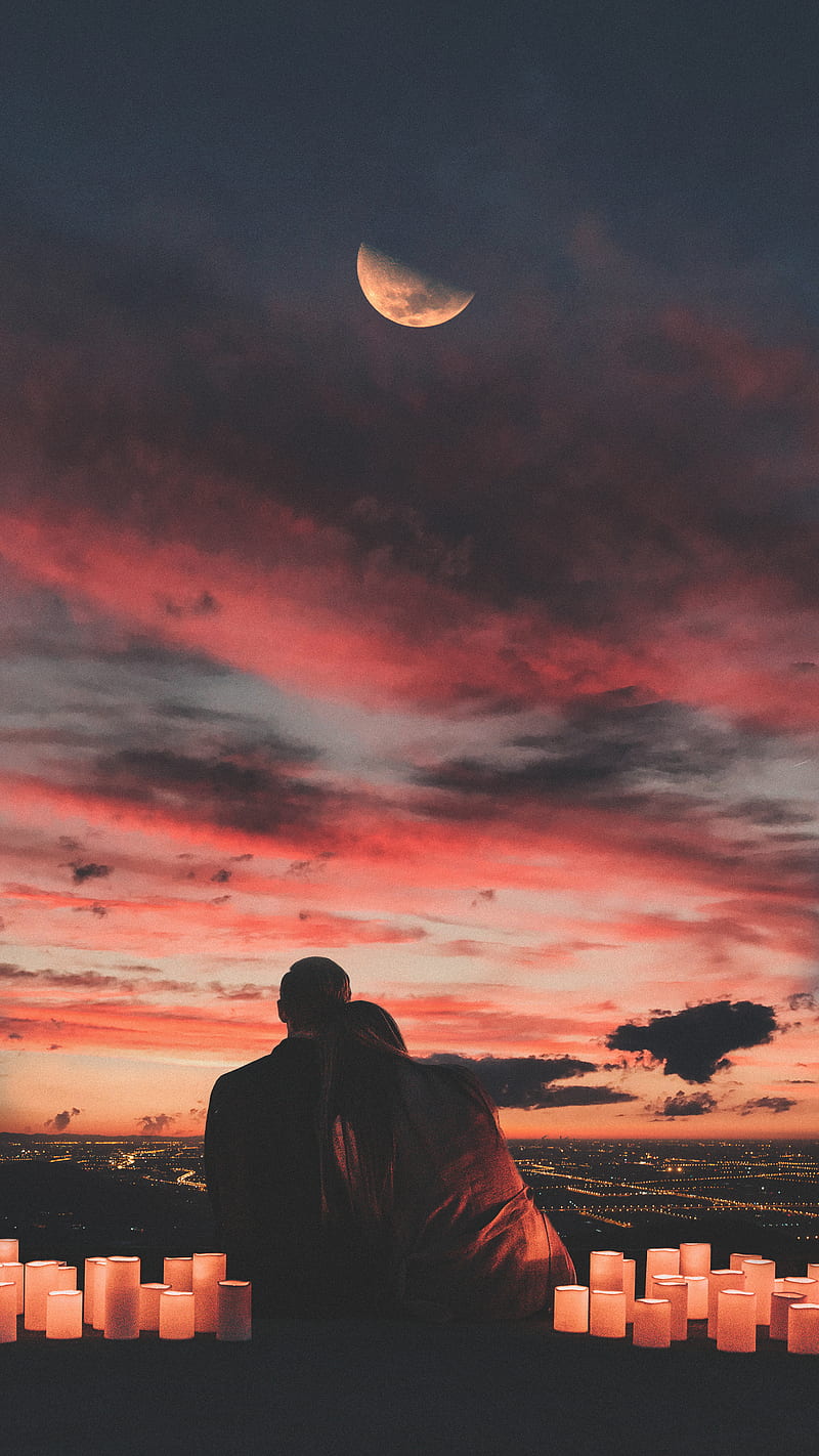Love, city, lovers, moon, nature, sky, sunset, valentine, valentines day, HD phone wallpaper