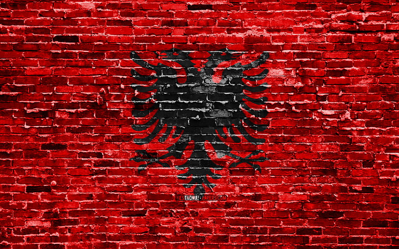 Albanian flag, bricks texture, Europe, national symbols, Flag of Albania, brickwall, Albania 3D flag, European countries, Albania, HD wallpaper