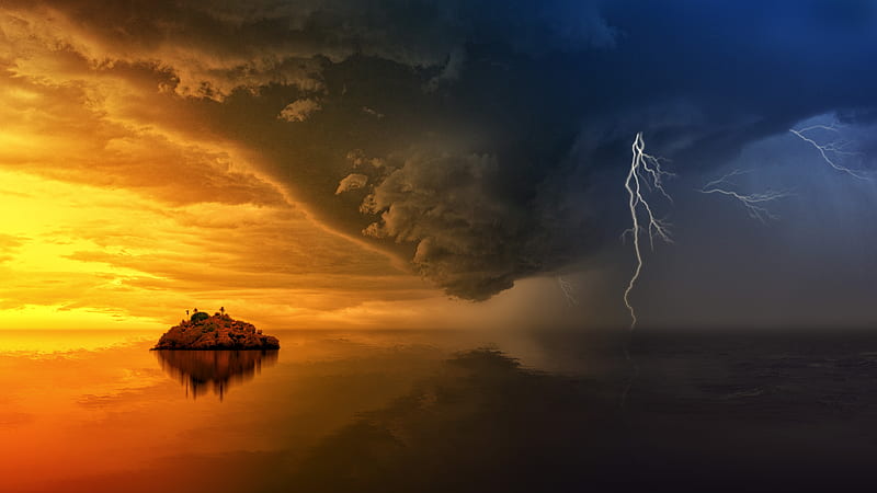 Island During Golden Hour And Upcoming Storm, HD wallpaper
