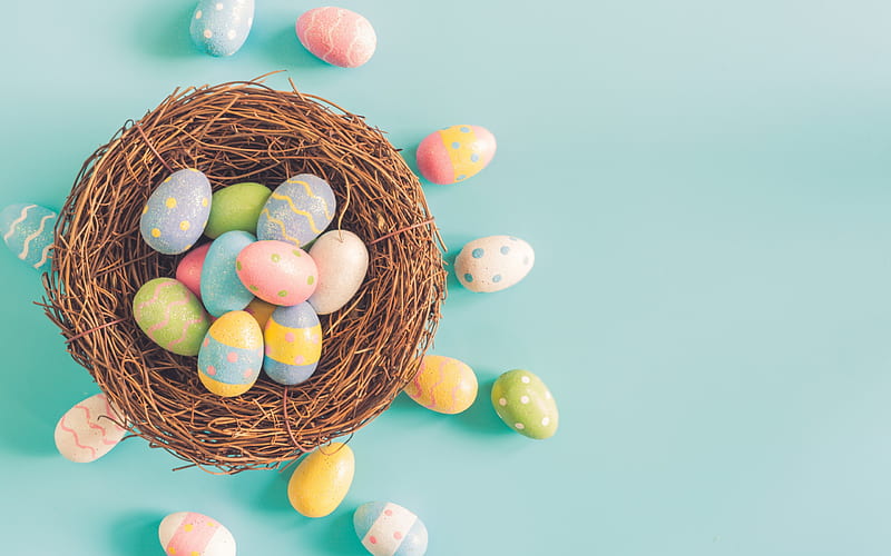 Easter eggs, nest, basket, Easter decoration, spring, decorated eggs, HD wallpaper