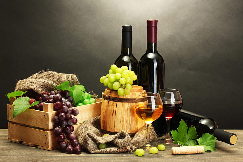 A Glass of Wine, grapes, still life, bottles, case, HD wallpaper