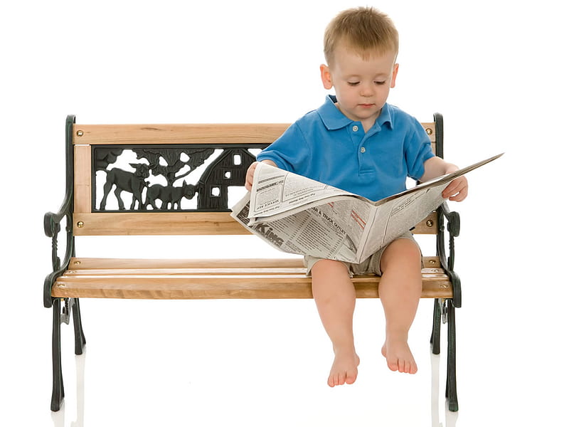 Cute boy setting on bench reading newspaper, boy, newspaper, reading, shorts, bench, HD wallpaper