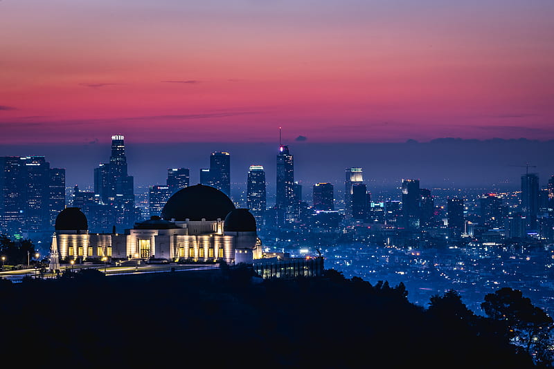 Griffith Observatory , Los Angeles, California, Sunrise, Pink sky, Dawn, World, HD wallpaper
