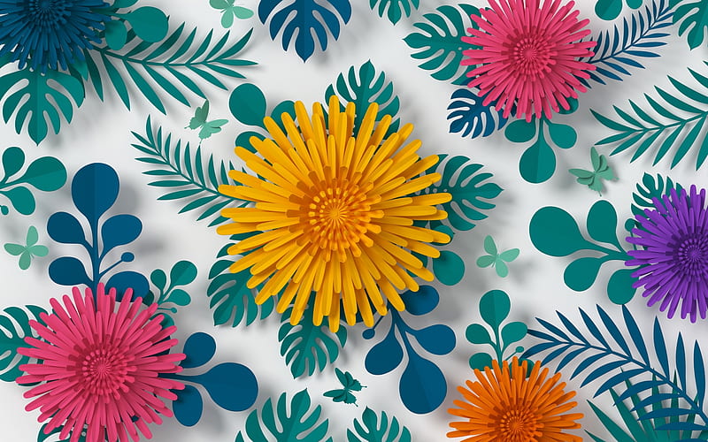 Texture, green, orange, flower, paper, pink, leaf, HD wallpaper