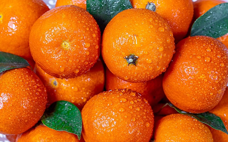 Tangerines, green, drops, tangerine, fruit, orange, texture, mandarina, water, food, sweet, dessert, HD wallpaper