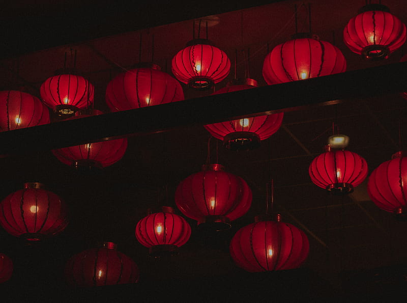 Chinatown Lights Ultra, Vintage, architecture, black, art, minimal, minimalistic, moody, night, lights, light, red, HD wallpaper