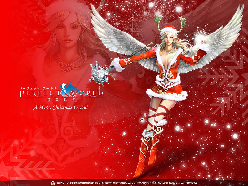 Perfect World , red, female, christmas, angel, game, abstract, wing, fantasy, 3d, warrior, girl, HD wallpaper