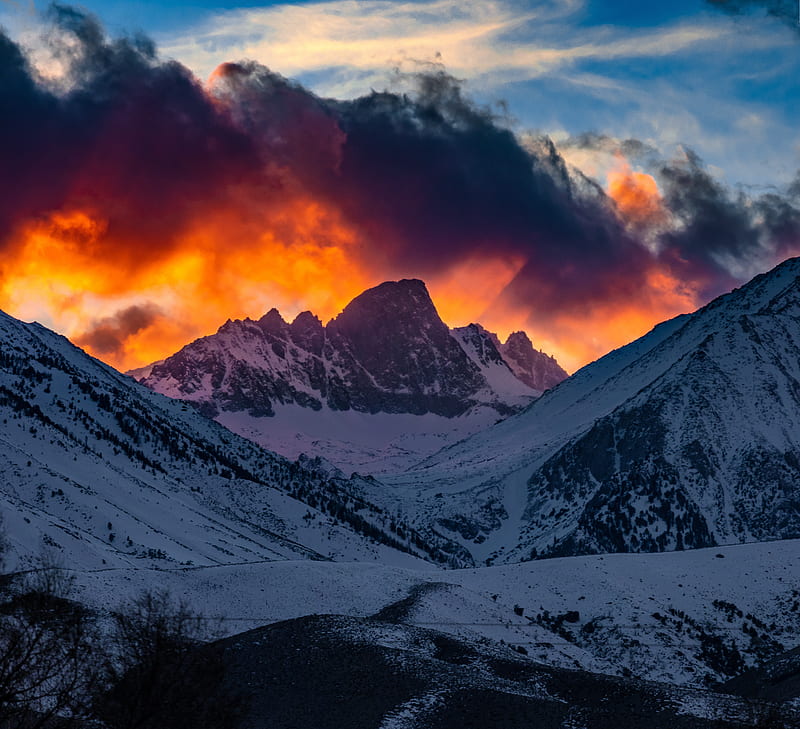 mountains, snow, sunset, sky, clouds, HD wallpaper