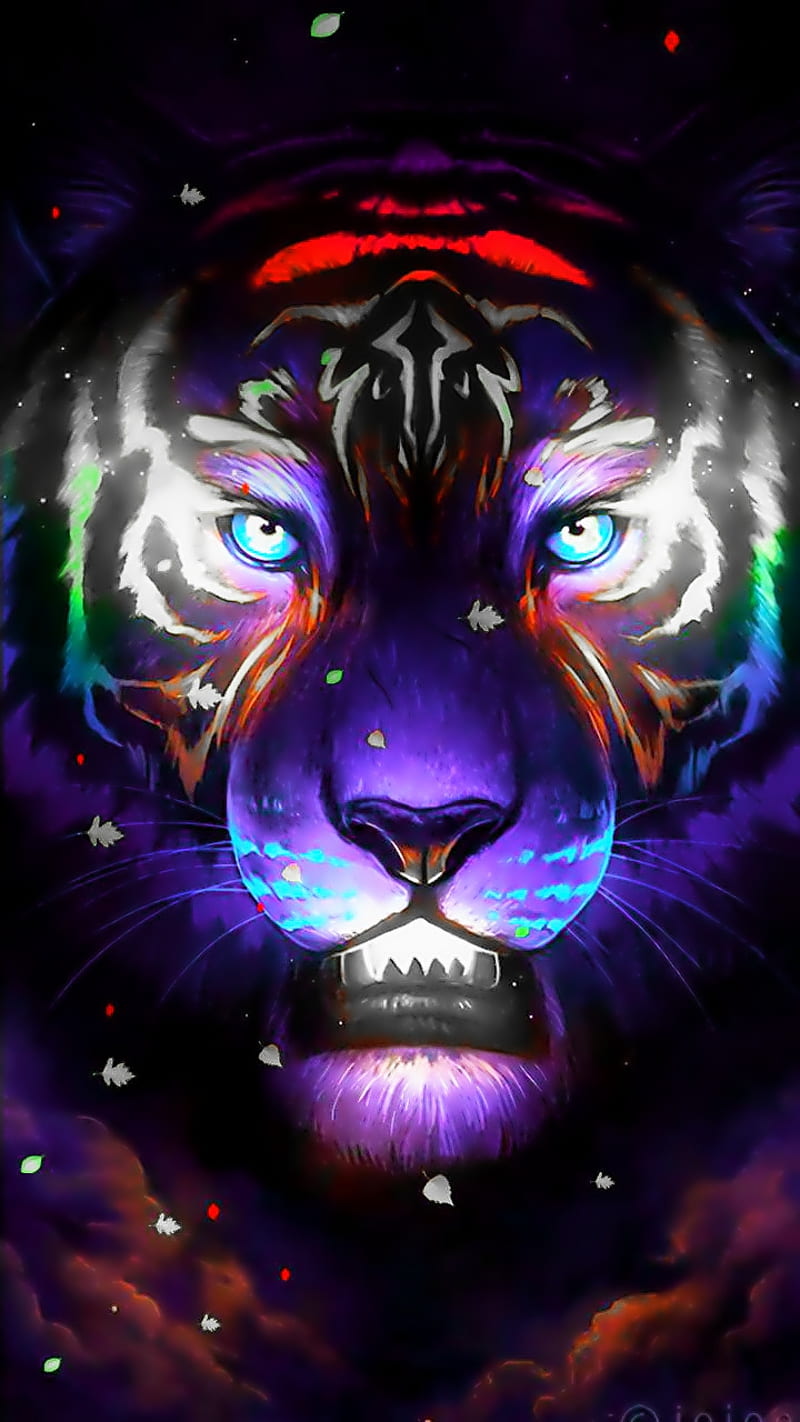 Glow soul, lion, tiger, neon, lights, sky, cat, HD phone wallpaper