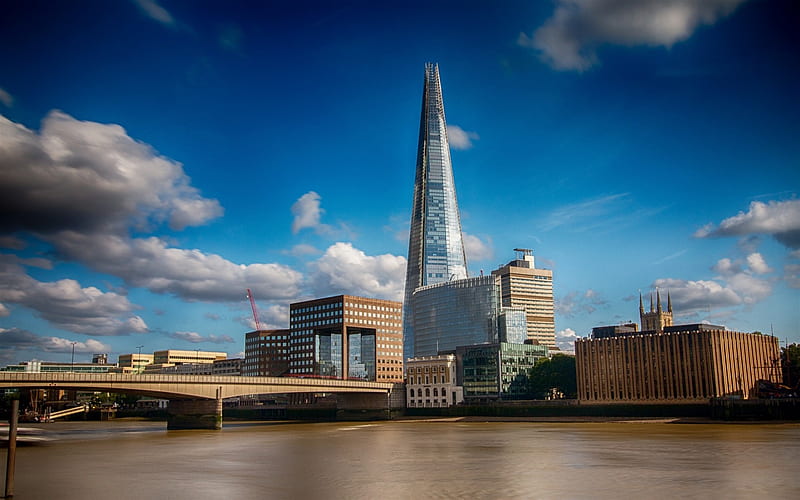 The Shard, skyscrapers, modern architecture, white clouds, London, England, HD wallpaper