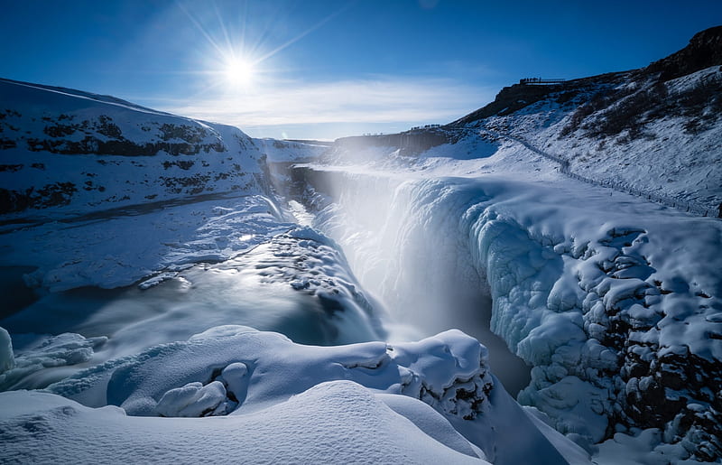 Winter Waterfall, sun, snow, Winter, waterfall, Gullfoss, Iceland, HD wallpaper