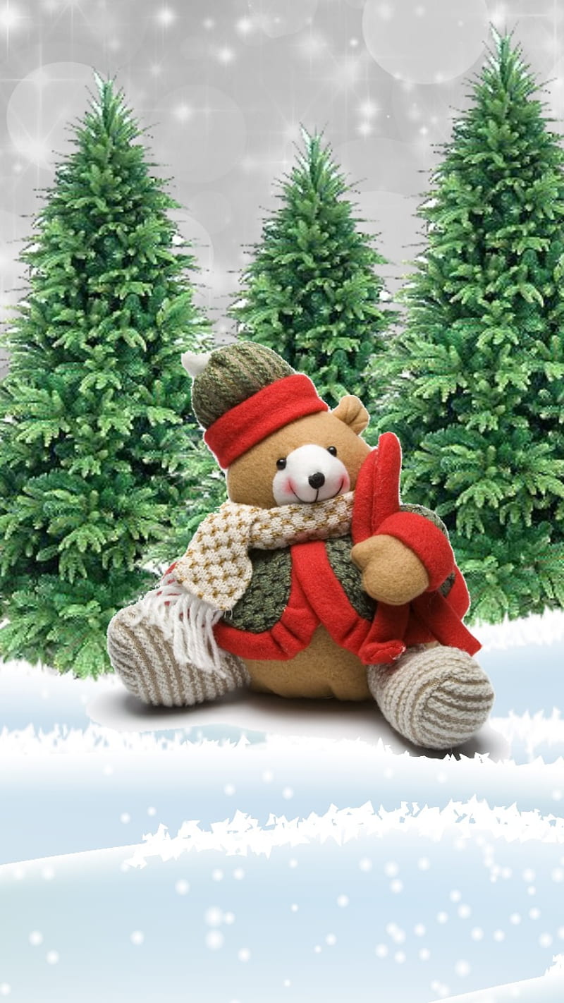 BearInSnow, christmas bear, snow, evergreen trees, christmas, merry  christmas, HD phone wallpaper | Peakpx