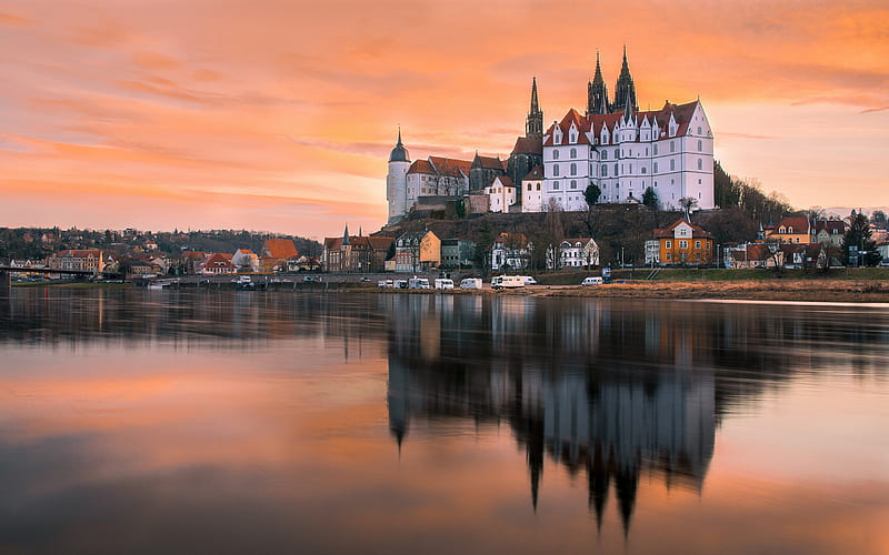 Albrechtsburg, Meissen Cathedral, ancient castle, evening, sunset, Meissen, fortress, Germany, landmarks, Castles of Germany, HD wallpaper