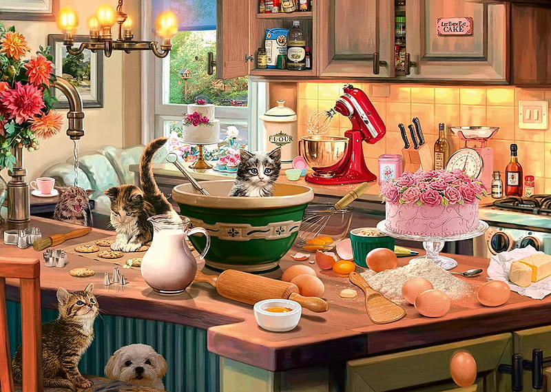 In the kitchen, utensils, cake, baking, puppies, painting, eggs, kitten, HD wallpaper