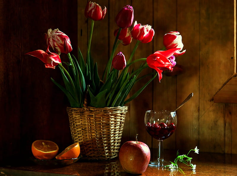 Flowers And Fruit, apple, table, orange, cherries, still life, glass, basket, flowers, tulips, wineglass, HD wallpaper