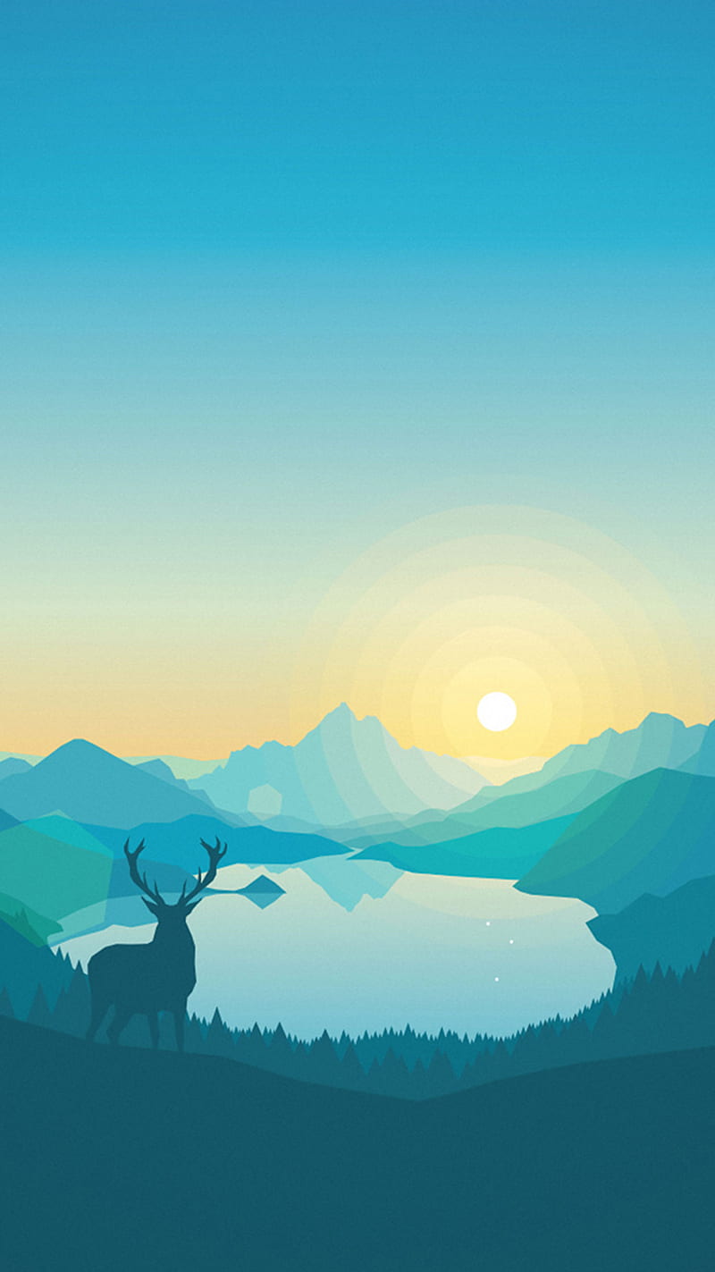 Sunset, blue, deer, desenho, illustration, mountains, outdoors, white, HD phone wallpaper