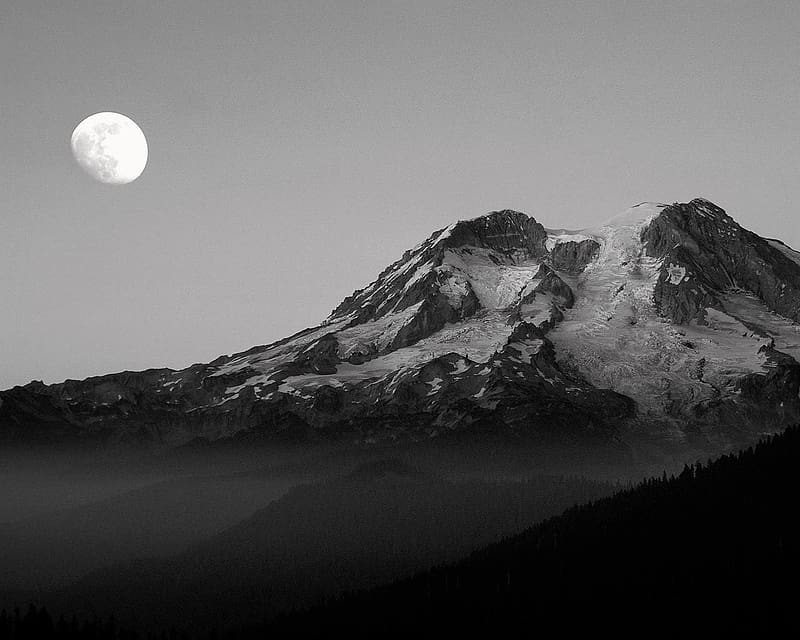 Moon, Mountain, , Black & White, HD wallpaper