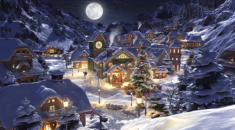CHRISTMAS EVE, christmas, town, trees, sky, lights, moon, snow, mountains, evening, night, HD wallpaper