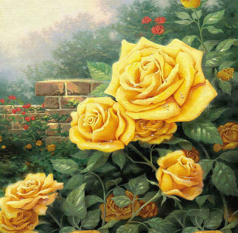 Beautiful yellow roses in the garden, art, time, galore, yellow, spring, roses, summer, flowers, garden, season, canvas, scenery, HD wallpaper