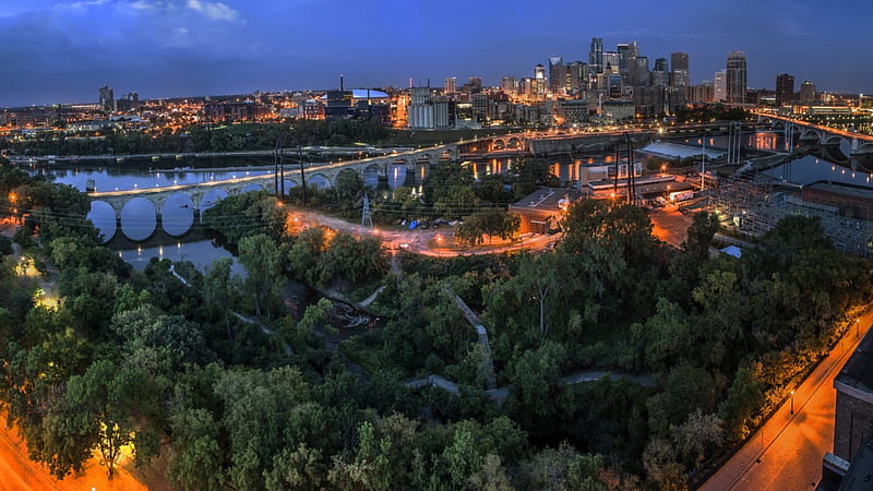 Lovely panoramic view of minneapolis in evening, city, view, bridges,  paorama, HD wallpaper | Peakpx