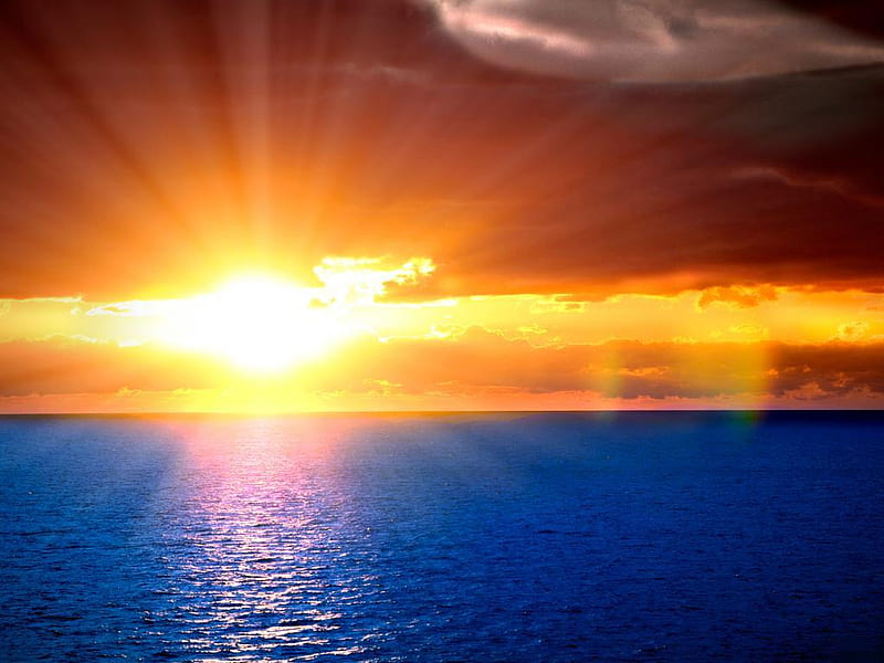 Orange-sunset-in-the-blue-sea, sun, orange, colors, sunset, sky, beach, nature, reflection, blue, HD wallpaper