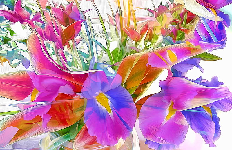 Flowers, red, art, green, purple, painting, flower, white, pink, iris, blue, HD wallpaper