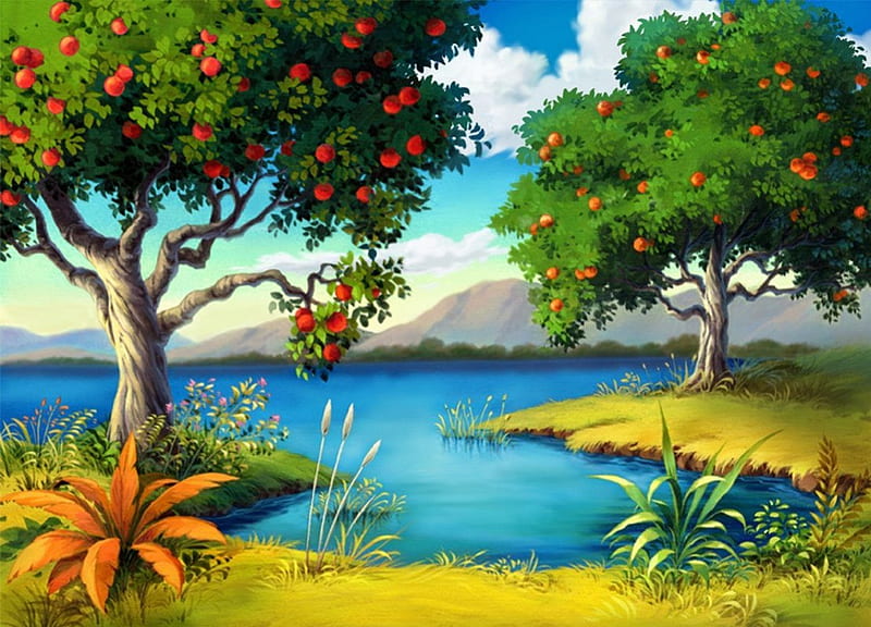 Paradise, apple, tree, good, nature, river, bad, HD wallpaper