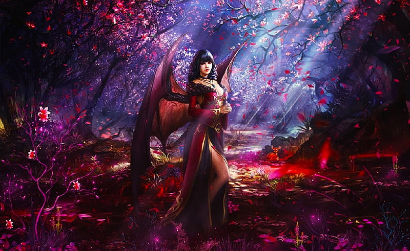 Winged Belle, pretty, forest, art, bonito, woman, winged, fantasy, girl, digital, night, HD wallpaper