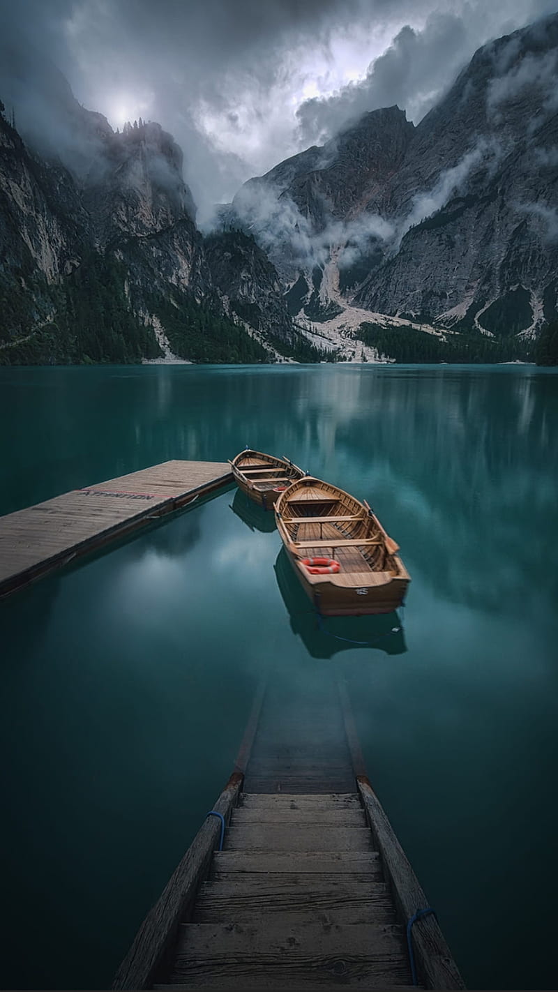 Calm lake, blue lake, boat, boats, cloudy, dock, lake, mountain, mountains, wooden boat, HD phone wallpaper