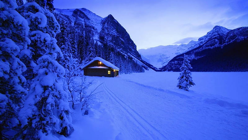 cabin in the evening-winter scenery, HD wallpaper