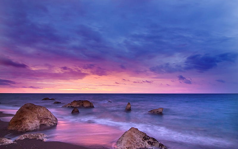 Amazing Beach Sunset, rocks, horizon, dusk, sunset, clouds, sea, beach, sand, nature, sunrise, island, blue, HD wallpaper