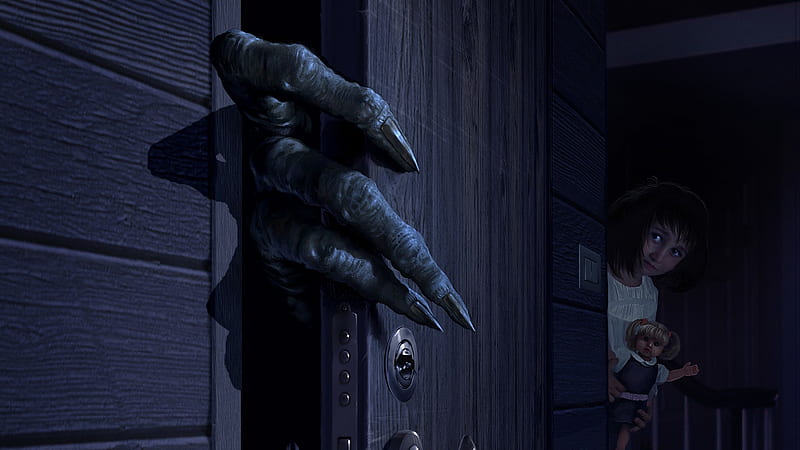 :D, fantasy, girl, dark, hand, monster, alien, doll, door, black, HD wallpaper