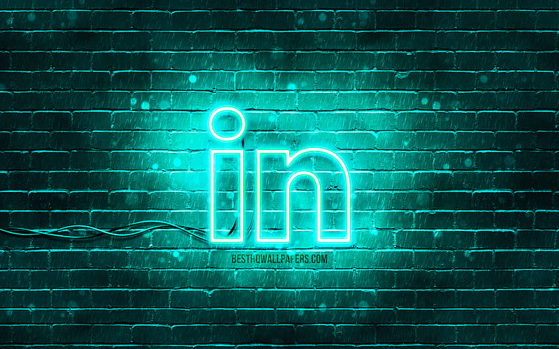LinkedIn turquoise logo turquoise brickwall, LinkedIn logo, social networks, LinkedIn neon logo, LinkedIn, HD wallpaper