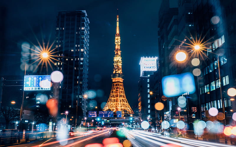 Tokyo Tower, bokeh, nightscapes, TV tower, Tokyo, Shiba-koen district, Minato, japan, Asia, HD wallpaper