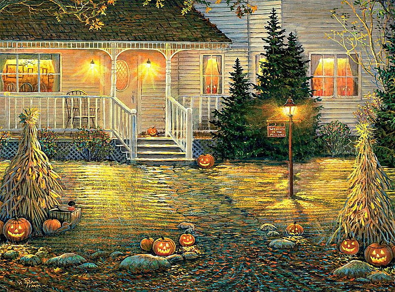 Jerusalem House, cottage, pumpkins, lights, painting, garden, artwork, HD wallpaper
