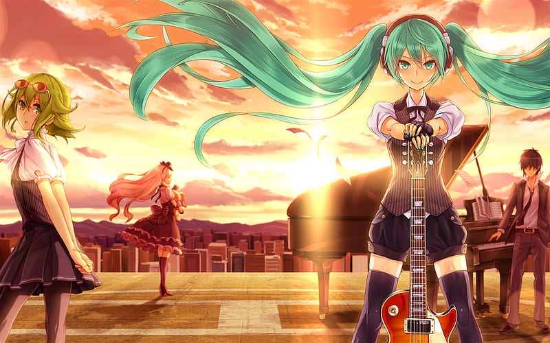 Vocaloid, Hatsune Miku, female characters, anime girls with guitars, sunset, HD wallpaper