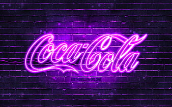 Coca-Cola violet logo violet brickwall, Coca-Cola logo, brands, Coca-Cola neon logo, Coca-Cola, HD wallpaper