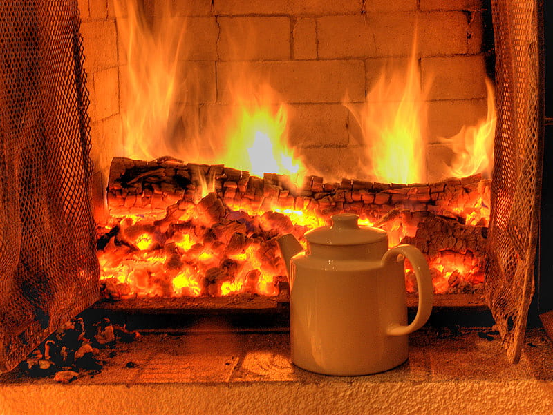 Come in and warm up!, evening at home, red, warm, houses, home, tea, teapot, fire, fireplace, arhitecture, hot, beauty, popular, HD wallpaper