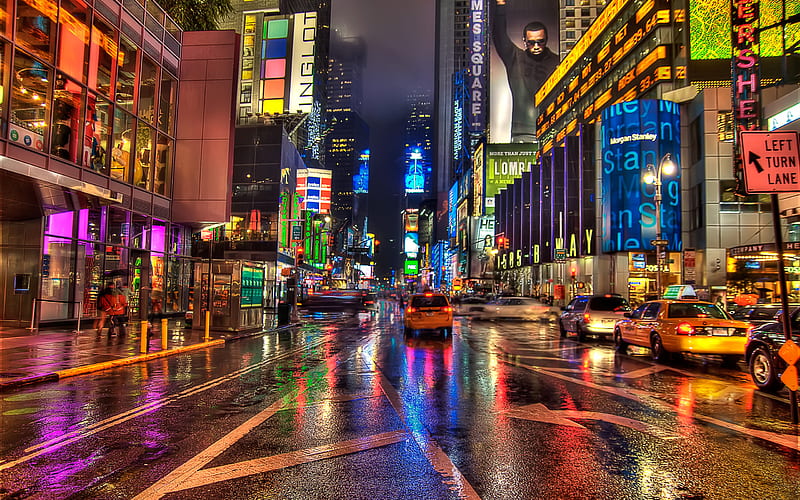 New York, architecture, colorful, bonito, 7th avenue, lights, splendor, skyline, beauty, reflection, road, light, night, broadway, lovely, view, times square, buildings, colors, sky, rainy, skyscrapers, carros, building, peaceful, walk, rain, alley, HD wallpaper