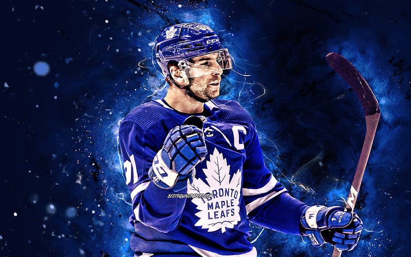 John Tavares Toronto Maple Leafs, NHL, hockey players, blue neon lights, USA, John Tavares , hockey, John Tavares Toronto Maple Leafs, HD wallpaper