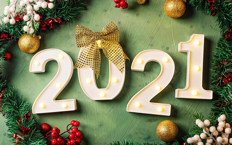 2021 new year, fir-tree frame, 2021 3D digits, xmas balls, 2021 concepts, 2021 on green background, 2021 year digits, Happy New Year 2021, HD wallpaper