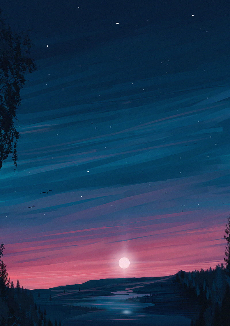 river, moon, night, landscape, art, HD phone wallpaper