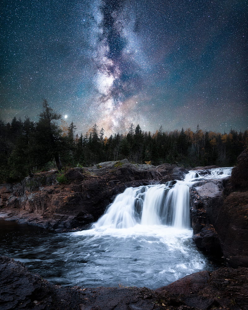waterfall, milky way, stars, night, nature, landscape, HD phone wallpaper