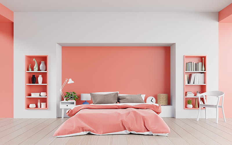 pink bedroom interior, modern interior design, bedroom, pink walls, stylish interior design, HD wallpaper
