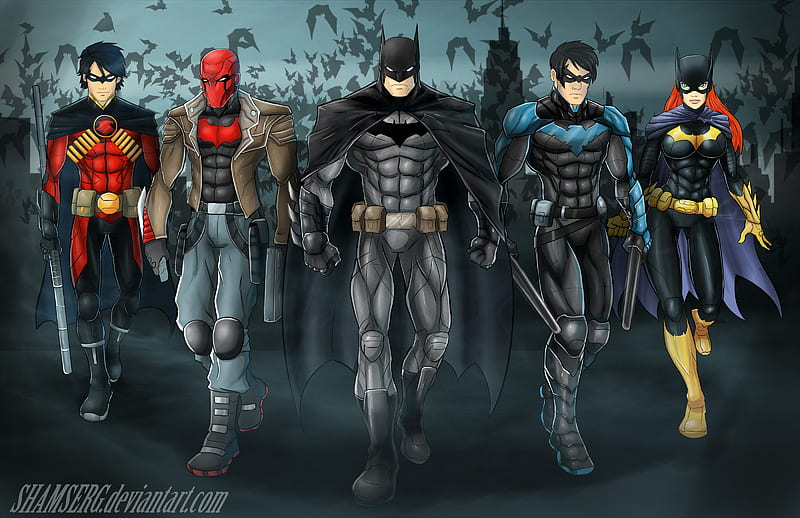Bat Family , batman, red-hood, nightwing, batgirl, robin, superheroes, artwork, , digital-art, HD wallpaper