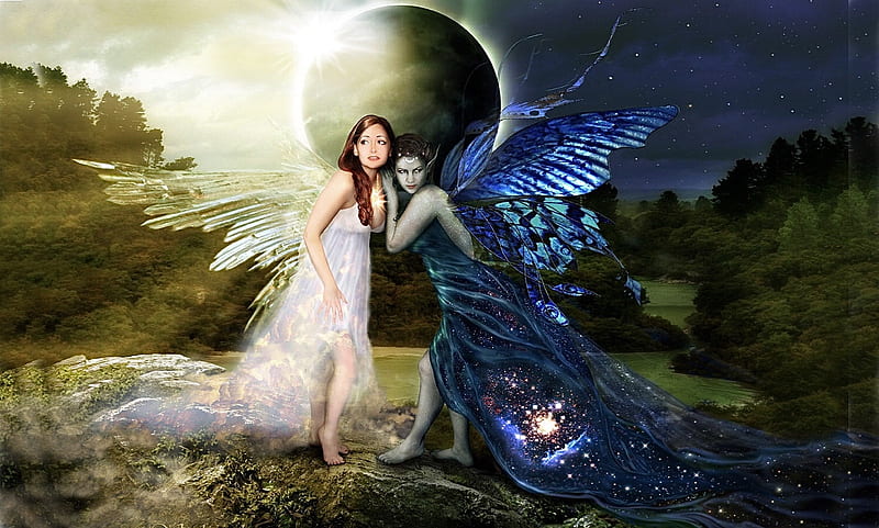 Day and Night Fairies, night, dreamy, moon, magical, fairies, day, Fantasy, HD wallpaper